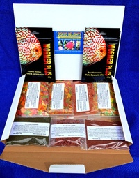 DISCUS DELIGHTS THE GOURMET FISH FOOD HAMPER. SEVEN DIFFERENT FOODS, ONE FOR EACH DAY IN EVERY PACK.